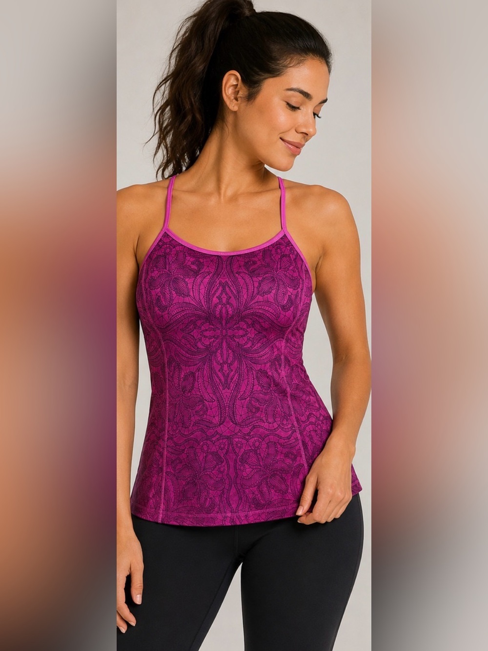 Athleta Women’s Strappy Back Printed Athletic Tank Top Pink Purple Size M.